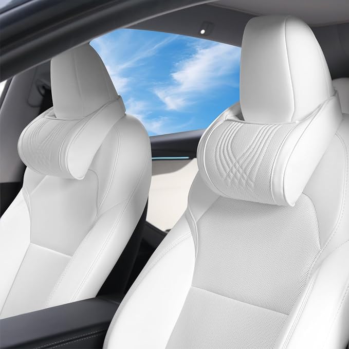 Car Headrest Memory Foam Neck Pillow for Driving White, 2 Packs | Soft Comfortable Leather Seat Head Rest Pillow Headrest Travel Neck Support Cushion for Most Cars SUV Home Office Chair by Dapucarin