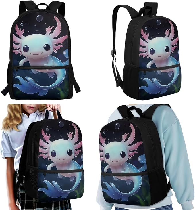 Axolotl Bookbag for Girls with Lunchbox Kids School Bag for Girls Ages 6-8 and Lunch Box Set Cute Backpack Elementary School Bookbag/Lunch Bag/Pencil Case/Water Bottle Holder for 3rd Grade - Image 2