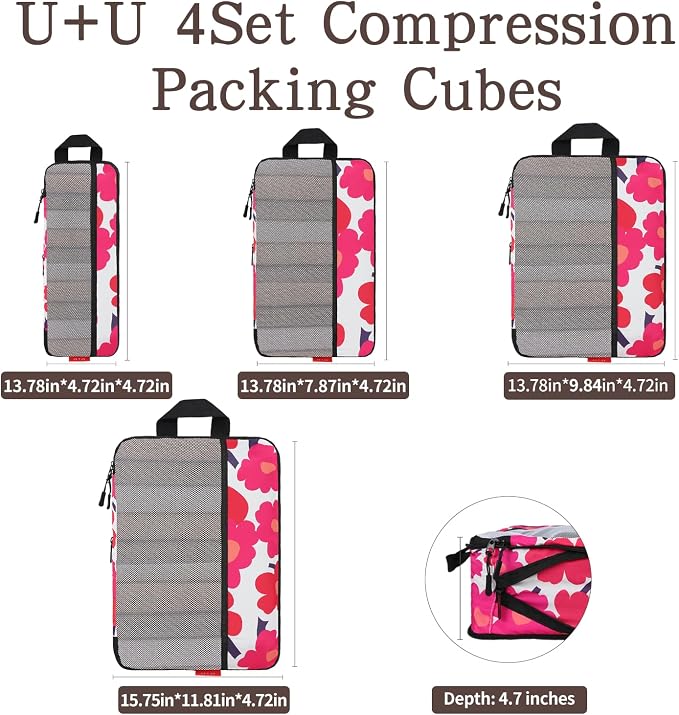 U+U 4 Set Compression Packing Cubes - Ultralight Travel Organizers, Space-Saving Suitcase Organizer, Expandable Packing Cubes for Travel, Business Trip and Family Vacation (Red Flower) - Image 3