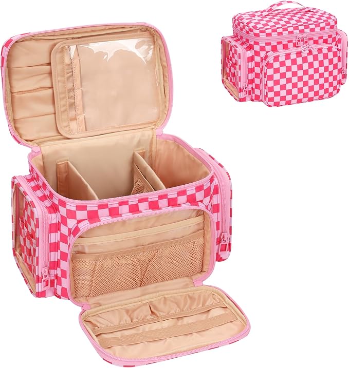 Bagmoly Large Checkered Makeup Bag, Travel Makeup Bag Organizer for Women Girls with Makeup Brush Compartment & Two Side Pockets, Cosmetic Travel Bag Vertical Storage Toiletry Bag- Hotpink - Image 8