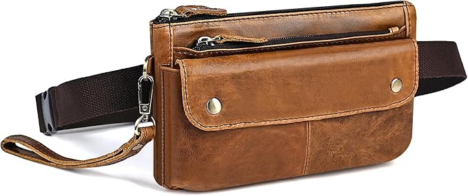 Water Resistant Canvas + Leather Hiking Riding Travel Fanny Waist Pack Small Phone Pouch For Men Women FB811-29 (100% Leather-The 8136 Brown2) by Handadsume