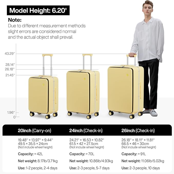 mixi 20 Inch Carry On Luggage 22x14x9 Airline Approved PC Hard Shell Suitcase Top Opening Aluminum Frame Travel Suitcases with Wheels, Lark Yellow - Image 6