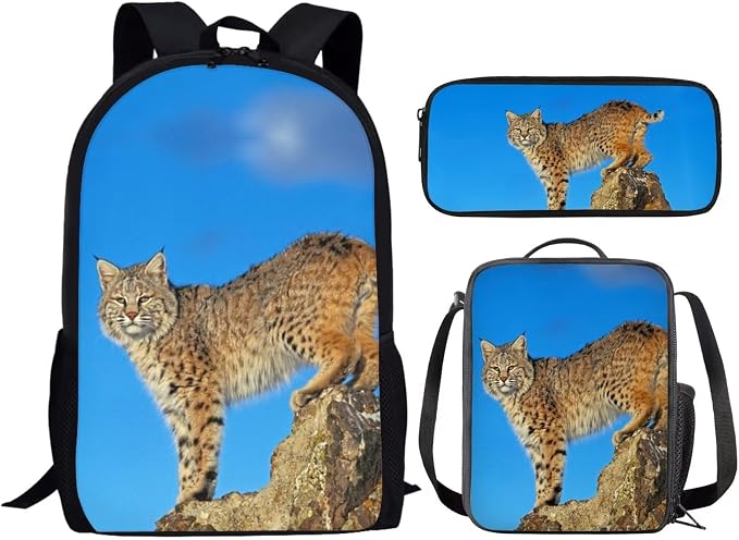 Kids Novelty Animal Backpack and Lunch Box for Boys Girls Student Lightweight 17 Inch School Canadian Lynx Backpack with Lunch Bag Pencil Case Kids Comfy Padded Black Large Bookbag - Image 2