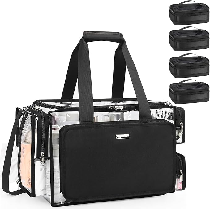 Relavel Clear Makeup Bag with 4 Small Pouches, Extra Large Makeup Artist Kit Set, Cosmetic Storage Organizer Transparent Tote Beach Toiletry Bag with Adjustable Dividers & Shoulder Strap by Relavel