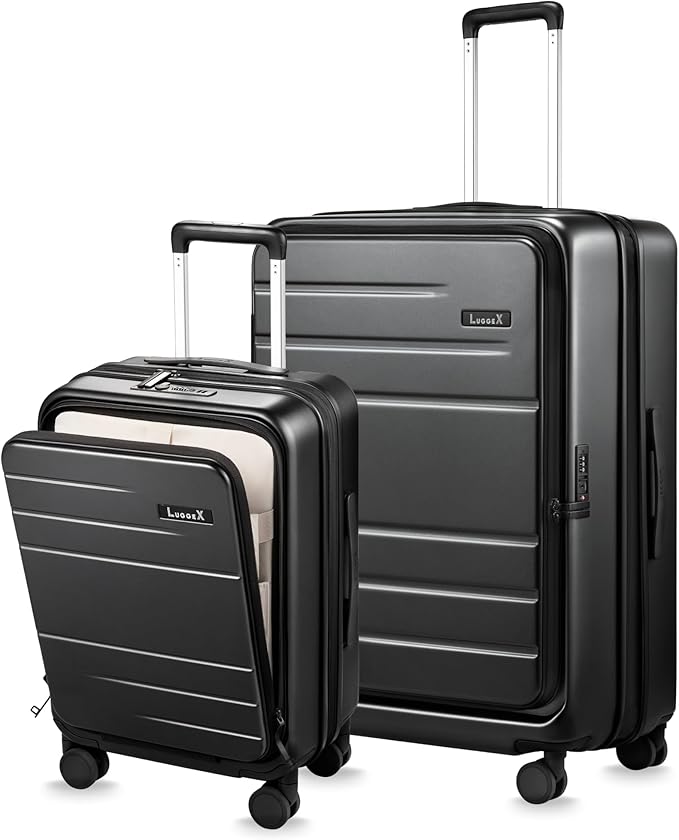 LUGGEX Luggage Sets 2 Pieces, Expandable 20 Inch Carry On Luggage and 28 Inch Checked Suitcase with Front Opening (FX-Core, Black, 2 Piece (20/28)) by LUGGEXLUGGAGE