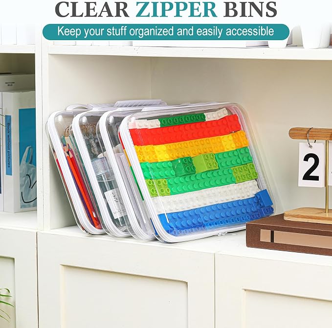 Sanwuta 4 Pcs Clear Hard Zipper Case with Handle Office Storage Cases Hard Plastic Pouches Transparent Bins for Crafts, Snacks, Cosmetics, Puzzles(12.6 x 9 x 2 Inches,White) - Image 5