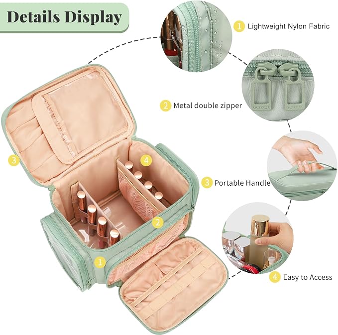 Bagmoly Large Makeup Bag, Portable Travel Makeup Bag Organizer for Women Girls with Makeup Brush Compartment & Two Side Pockets, Cosmetic Travel Bag Vertical Storage Toiletry - Green - Image 2