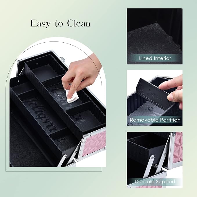 Joligrace Makeup Train Case Professional Cosmetic Organizer Aluminum Storage Box with 4 Adjustable Dividers Trays Lockable Portable with Shoulder Strap - Image 4