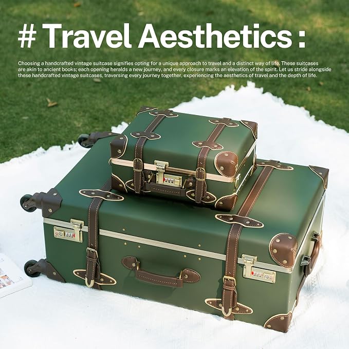 urecity 26" Vintage Luggage Set, 2 Piece Army Green Retro Checked Suitcase with Cosmetic Case, Luxury Vegan Leather Aluminum Frame Spinner Trunk for Women (with Protective Clear Cover) - Image 4