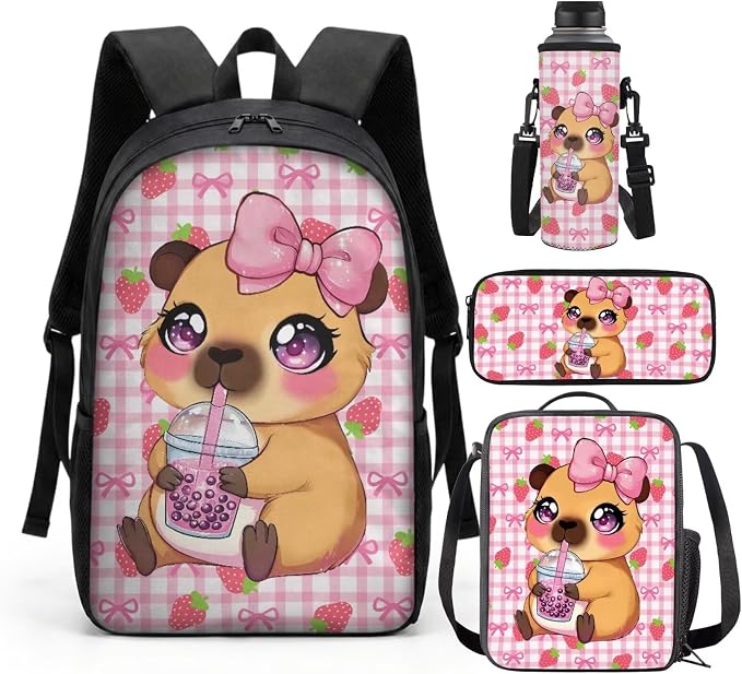 Cute Capybara Backpack for School Girls 2nd Grade : 17in Strawberry Bookbag with Lunch Box Set - 4 in 1 Elementary Student Book Bag for Kids 6-8-10 by SCRAWLGODDreamWardrobe
