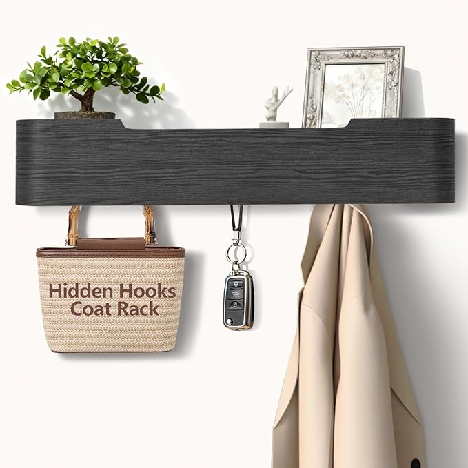 Coat Rack Wall Mount with Shelf 5 Hidden Hooks Modern Wooden Key Holder Entryway Organizer for Hallway Bedroom Bathroom Home Decor Storage for Hanging Coats Hats Bags Towels, Black by Jadoxy