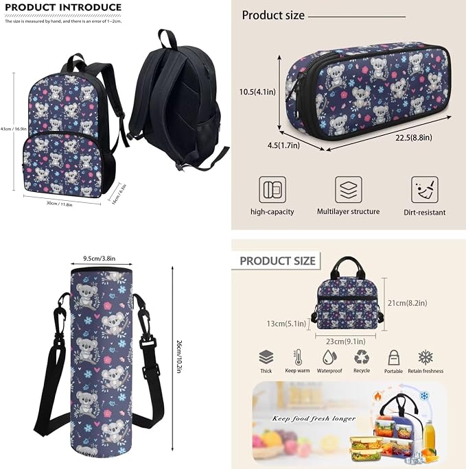 POLERO Cute Koala Backpack for Kids Elementary Preschool Kindergarten School Bookbag with Lunch Box Pencil Case Water Bottle Holder - Image 4