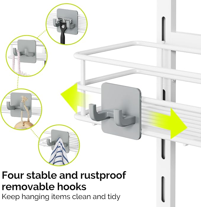 Orimade Over The Door Shower Caddy Adjustable 3 Tier White,Bathroom Hanging Organizer Shelf Rustproof with 4 Hooks,Shower Basket with Soap Holder and Suction Cup - Image 7
