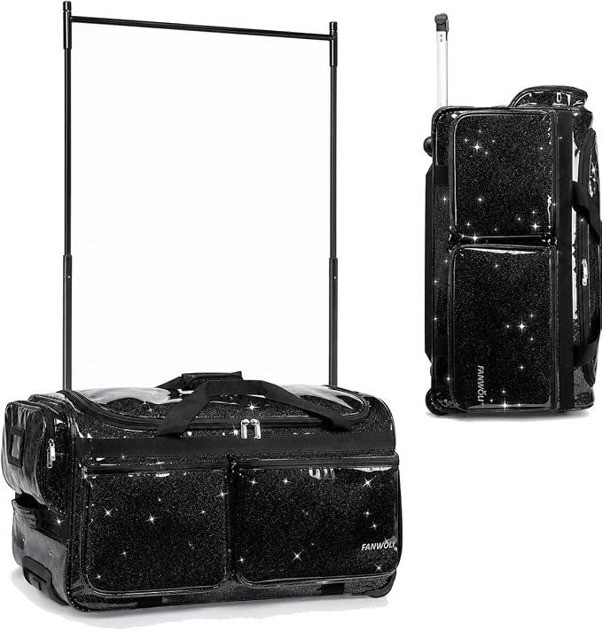 Fanwoli 23" Dance Bag with Garment Rack | Glittering Waterproof Fabric & Upgraded Stable System | Shine-Bright Collection | Ideal Competition Duffle Bag for Dancer Athlete Livestreamer | Sparkle Black by Fanwoli
