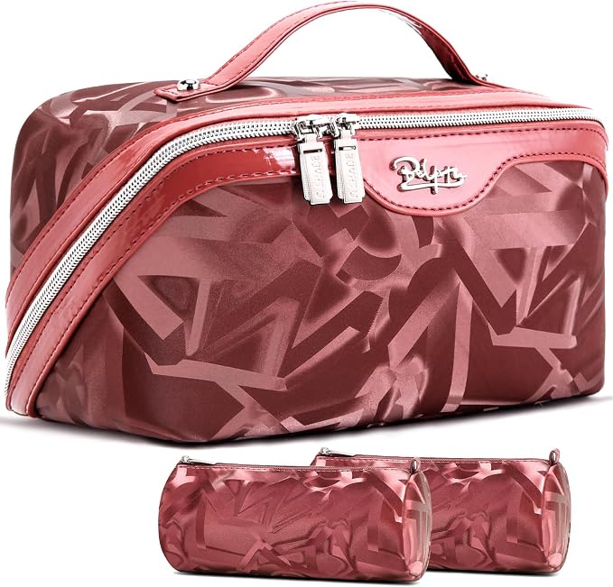 BOYATU Travel Makeup Bag for Women: Y2K Aesthetic Personalized Glossy 3 Pcs Set Cosmetic Organizer Bag - Trendy Statement Toiletry Pouches for Forward Women - Stand Out at Festivals & Trips(D-4-Red) by BOYATU