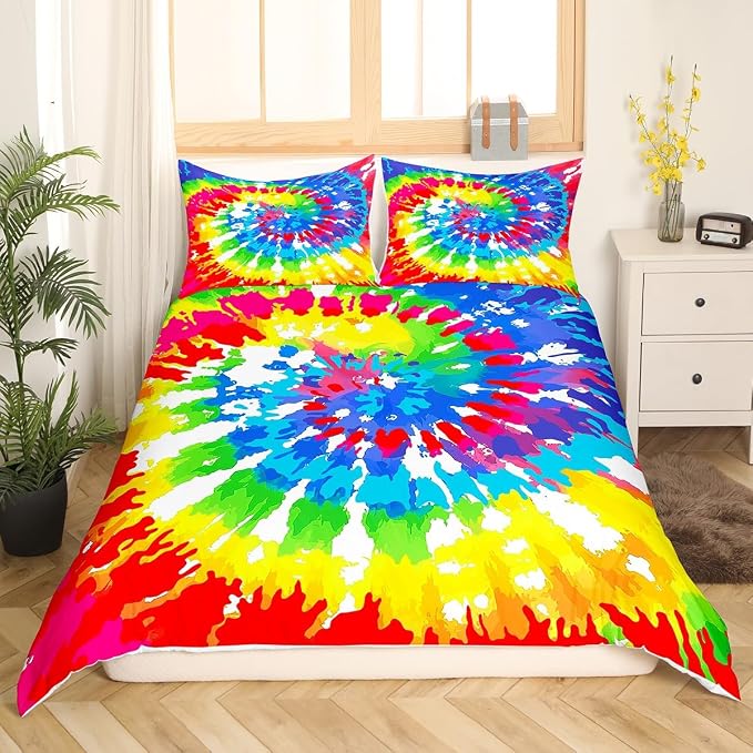 Erosebridal Tie Dye Bedding Queen Size Colorful Rainbow Bedding Set with Zipper Ties Chic Hippie Style Girls Boys Duvet Cover for Adult Women Teen Tie Dye Decor Soft Microfiber Comforter Cover Set - Image 4