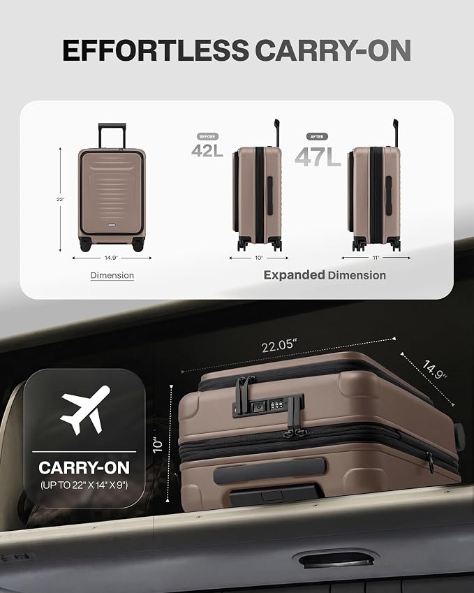 Coolife Carry On Luggage Suitcase : 22x14x9 Airline Approved Travel Luggage with Spinner Wheels, Front Pocket Expandable Hardshell Suitcases with TSA Lock Apricot - Image 3
