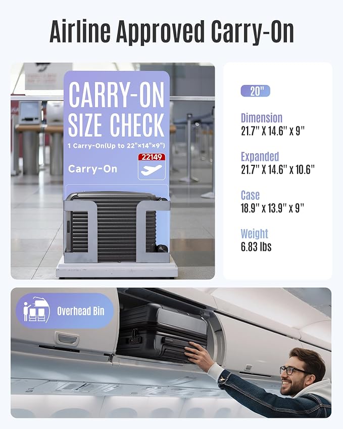 LIGHT FLIGHT Carry On Luggage 22x14x9 Airline Approved, Glacier Gray | 22x14x9 Airline Approved, Hard Shell with Wheels, Expandable Hardside, TSA Lock, Lightweight - Image 6