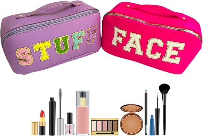 Chenille Letter Bags for Makeup- 2Pcs Set Face & Stuff Large Capacity Preppy Bags for Travel, Lay Flat Nylon & PU Leather Cosmetics Toiletry Makeup Bags (Hot Pink + Purple) by Unknown