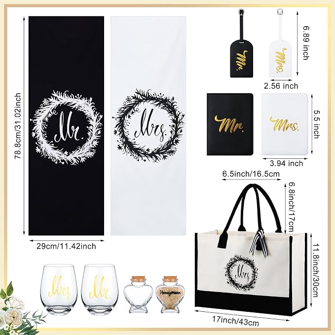 Silkfly 11 Pcs Wedding Gifts for Couples 2026, Mr and Mrs Gifts Include Honeymoon Beach Towel Luggage Tag Passport Holder Wine Glass Keepsake Jar Tote Bag for Newlyweds Engagemen - Image 2
