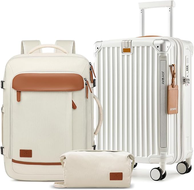 Joyway 20in Carry On Luggage with Cup Holder and USB Port, 25% Expandable Capacity, Smart Suitcase with Anti Slip Wheels and Backpack, Perfect for Men and Women 3 Piece Set White by Joyway