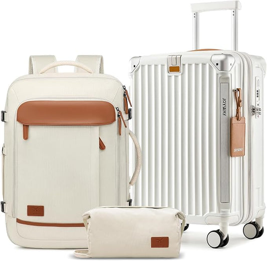 Joyway 20in Carry On Luggage with Cup Holder and USB Port, 25% Expandable Capacity, Smart Suitcase with Anti Slip Wheels and Backpack, Perfect for Men and Women 3 Piece Set White by Joyway