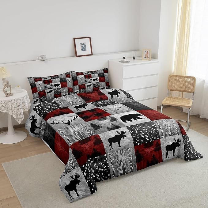 Erosebridal Rustic Deer Bear Comforter Twin,Farmhouse Moose Bedding for Kids Boys Girls,Hunting Animal Comforter Sets,Buffalo Check Patchwork Duvet Insert with 1 Pillowcase Lightweight Warm - Image 3