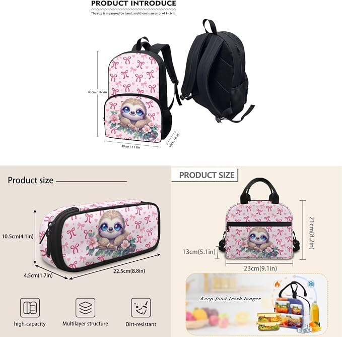 Bow Sloth School Bag for Girls, 3Pcs Students Backpack, Elementary Girls Bookbag Sets with Lunch Box Pencil Case for School - Image 5