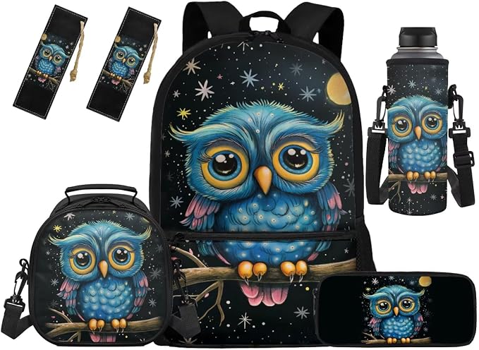 Owl Backpack for School Owl Boys Bookbag with Lunch Box Set of 5 Boys Printed 5 Pcs Bookbag Set Pencil Case Water Bottle Sleeve Bookmark School Supplies by Unknown