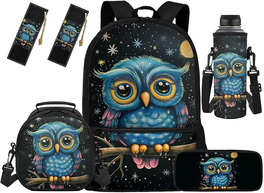 Owl Backpack for School Owl Boys Bookbag with Lunch Box Set of 5 Boys Printed 5 Pcs Bookbag Set Pencil Case Water Bottle Sleeve Bookmark School Supplies by Unknown