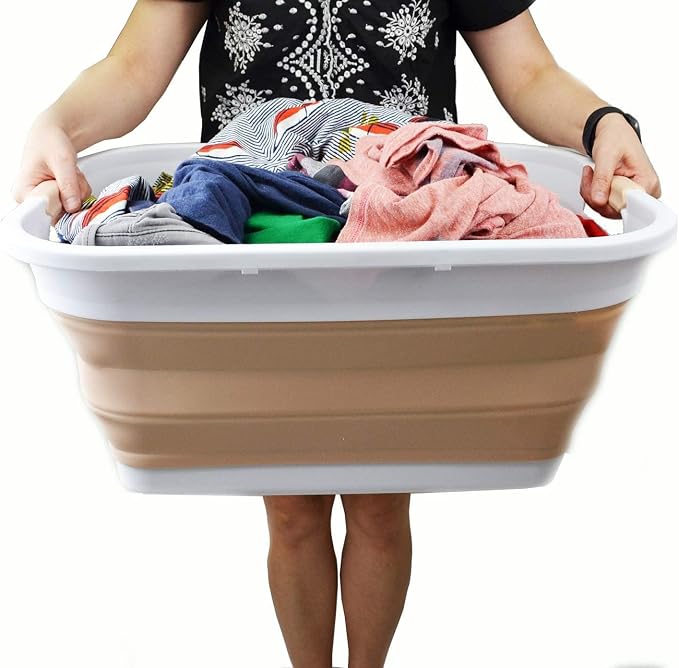 SAMMART 41L (10.8 gallon) Collapsible Plastic Laundry Basket - Foldable Pop Up Storage Container/Organizer - Portable Washing Tub - Water capacity: 32L (8.4 gallon) (Rectangular, White/Beige) - Image 8