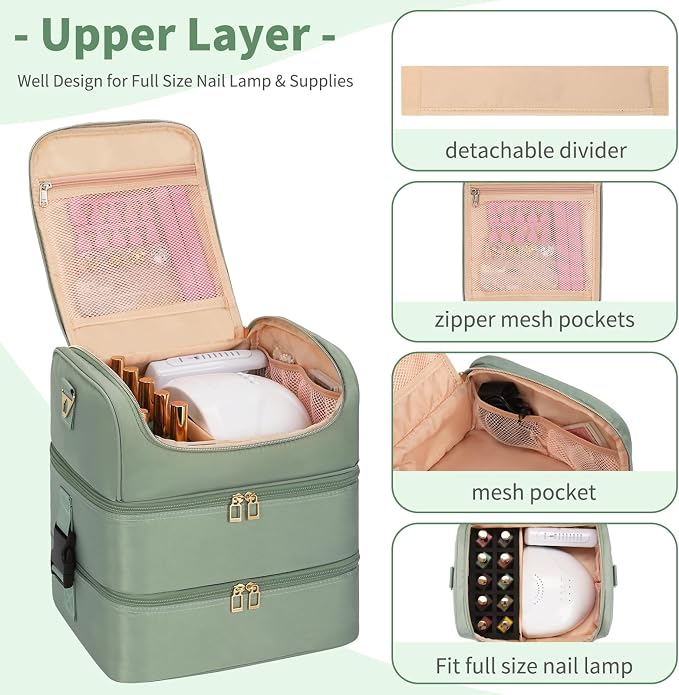 Extra Large Nail Polish Organizer - Three Layer Nail Organizers And Storage Bag, Portable Nail Supplies Organizer Case, Nail Tech Kit Travel Carrying Box with Shoulder Strap (Green, 86 Slots) - Image 4