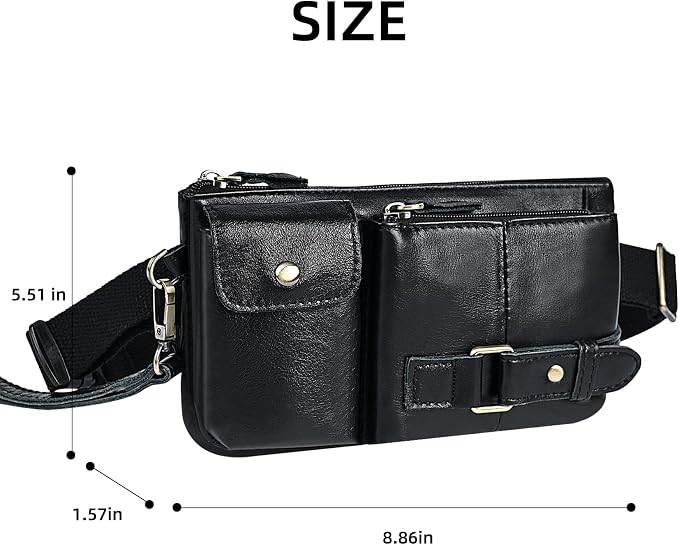Water Resistant Canvas + Leather Hiking Riding Travel Fanny Waist Pack Small Phone Pouch For Men Women FB811-29 (100% Leather-The 8135 Black) - Image 7
