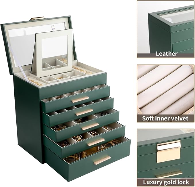 BOOVO Jewelry Box for Women, Green 6 Layer Large Jewelry Organizer with Glass Lid for Necklace, Bracelet, Earrings Storage, Jewelry Organizers and Storage for Girls Gift (Green and Gold, 6 layer) - Image 2