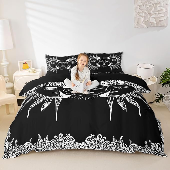 Erosebridal Mandala Duvet Cover Twin Sun and Moon Decor Comforter Cover Set with Zipper Ties Boho Exotic Style Black and White Bedding Set Botanical Floral Decor Duvet Cover for Adult Women Teen Men - Image 4
