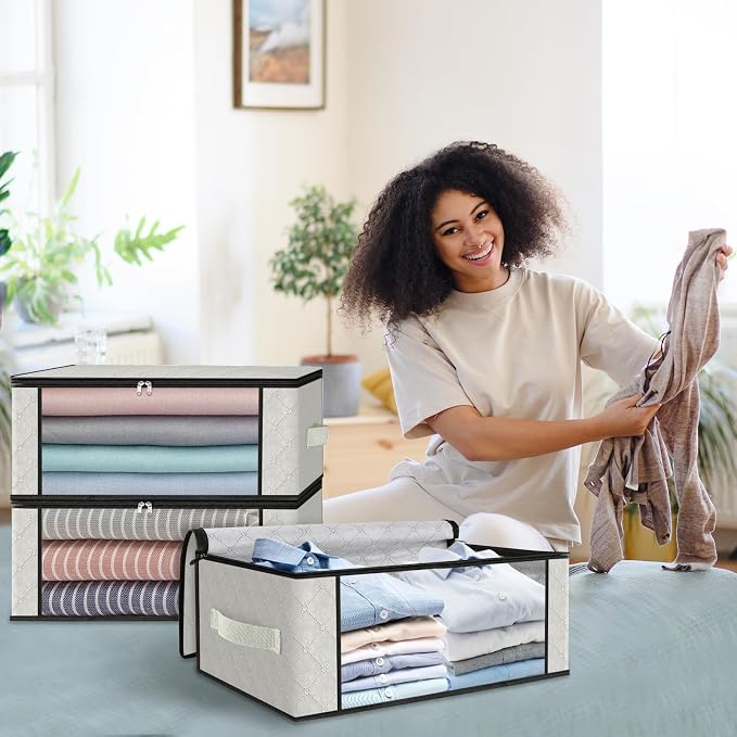 HomeHacks Storage 6-Pack Clothes Organizer Storage Bags Foldable Storage Box with Large Clear Window Sturdy Handles for Closet, Dorm, Pillows, Bedding, Clothes, Blankets, 35L, Ivory - Image 7