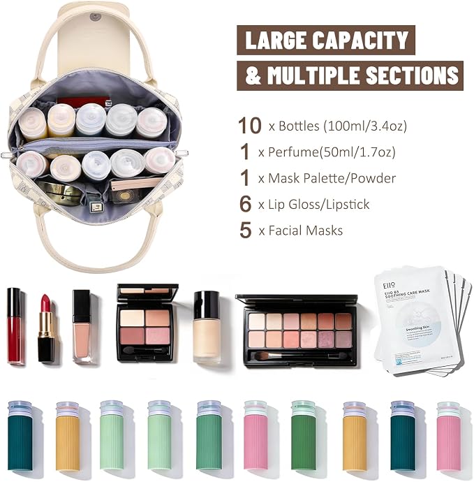 BOYATU Checkered Makeup Bag Organizer with Handle: Large Travel Cosmetic Bag Holds 10+ 100ml Full-Size Bottles for Date & Trip - Waterproof Leather Toiletry Pouch 3-sec Touch-up for Chic Woman(White) - Image 6
