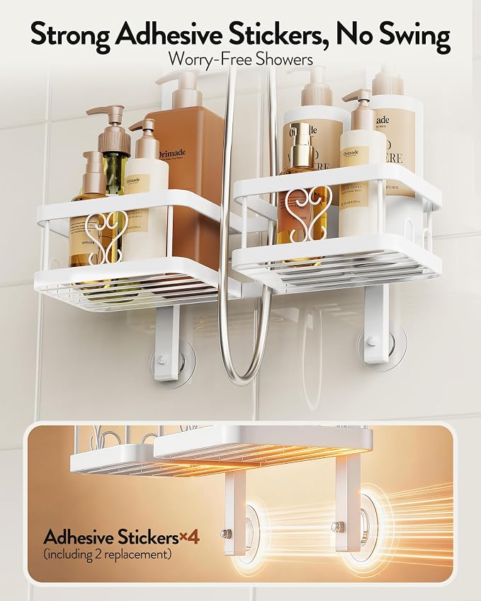 Orimade Adjustable Hanging Shower Caddy for Handheld Shower Heads, Rustproof Bathroom Shelf Organizer Over Showerhead Storage Rack with 8 Hooks, Easy-Clean Removable Baskets & Triple Anti-Slip, White - Image 7