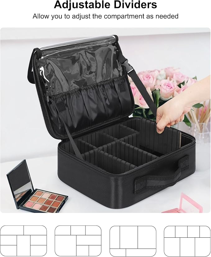 Relavel Makeup Bag Travel Makeup Train Case Large Capacity Cosmetic Case Professional Portable Makeup Brush Holder Organizer and Storage Box with Adjustable Dividers Black - Image 4