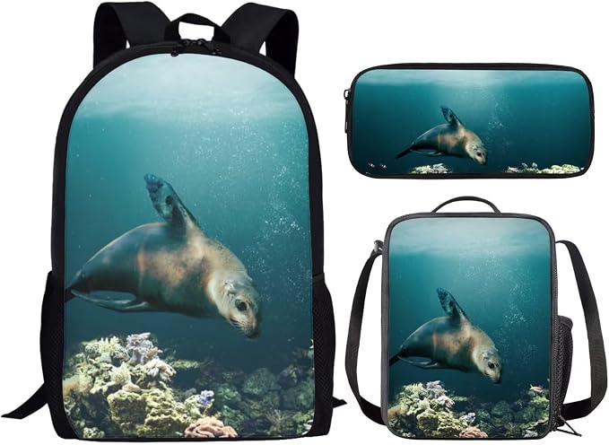 Kids Novelty Animal Backpack and Lunch Box for Boys Girls Student Lightweight 17 Inch School California Sea Lion Backpack with Lunch Bag Pencil Case Kids Comfy Padded Black Large Bookbag - Image 2