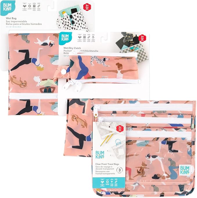 Bumkins - Waterproof Wet Bag, Wet/Dry Clutch & Clear Travel Bags - For Beach, Baby, Travel, Cloth Diapers, Pump Parts, Pool, Gym, Toiletries - Reusable & Easy to Clean - Yoga Pals - 5 Pack - Image 7