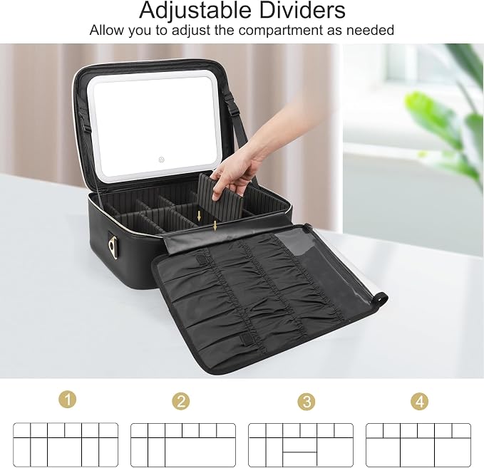 Chomeiu Makeup Bag with LED Mirror, Large Train Case for Makeup Artists, 16.2 inches Travel Professional Cosmetic Organizer with Light Up Mirror, 3 Color Lights, Adjustable Dividers & Shoulder Strap - Image 2