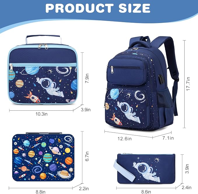 Bevalsa Kids Backpack for Boys with Bento Lunch Box, Insulated Bag & Utensils, 43oz Lunch Containers with 6 Compartment, School Bags for Elementary Middle School Student (Space) - Image 2