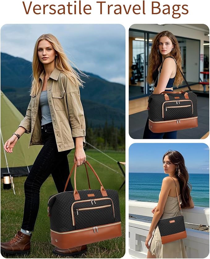 Weekender Bags for Women, Travel Duffle Bag Carry On Overnight Bag with Cosmetics Bag and Crossbody Purse for Gym Hospital, Gifts for Women, Black Brown - Image 2