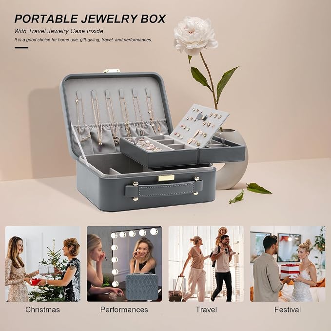 Travel Jewelry Case Large, Jewelry Box Large Jewelry Travel Organizer Jewelry Case with Handle, Best Gift for women Girls, Grey - Image 8