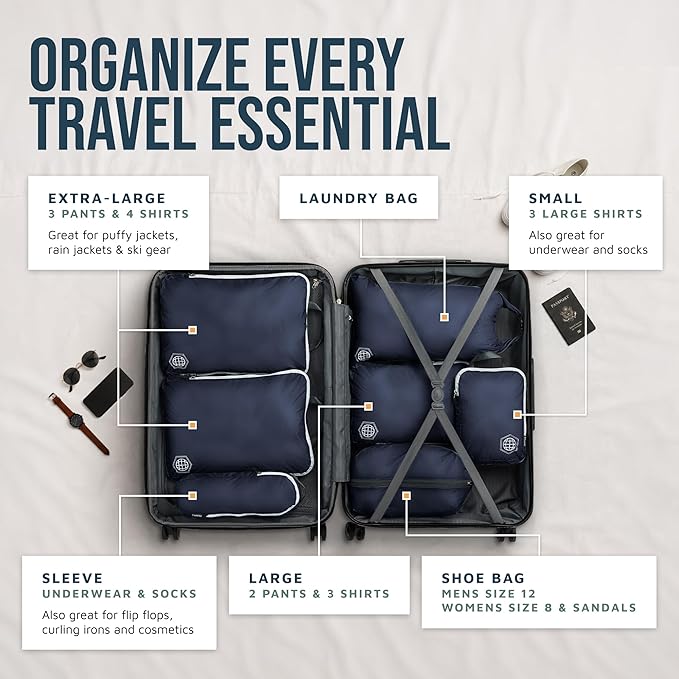 Large Compression Packing Cubes for Travel-Packing Cube Luggage Organizers 7 Piece Set for Checked Luggage-Ultralight, Expandable/Compression Bags by TRIPPED Travel Gear (Navy/White) - Image 2