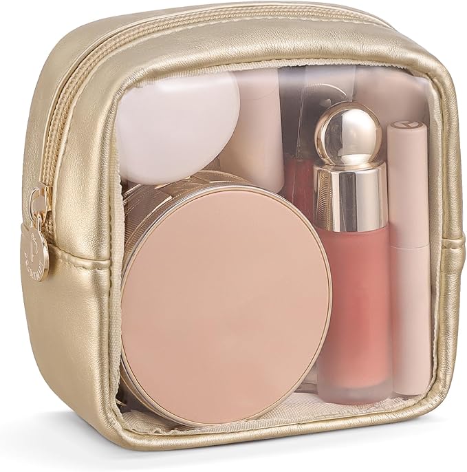 Pocmimut Clear Makeup Bag, Easy to Find Mini Makeup Bag for Purse, Travel Makeup Bag for Car, Compact Cosmetic Pouch for Daily Essentials,Gold by Pocmimut
