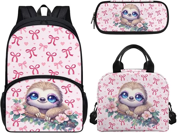 Bow Sloth School Bag for Girls, 3Pcs Students Backpack, Elementary Girls Bookbag Sets with Lunch Box Pencil Case for School by CndexdWearfunPrintjoy
