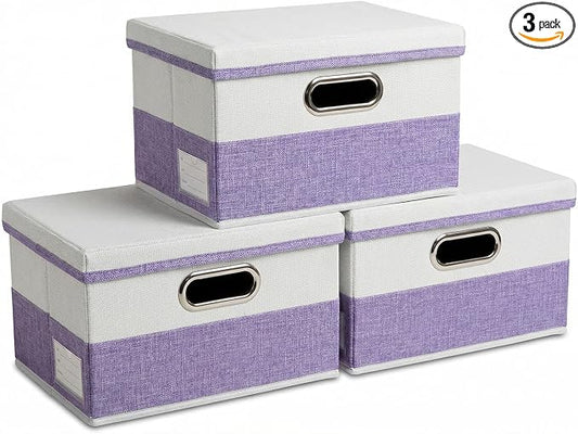 PRANDOM Storage Bins with Lids [3-Pack] Linen Fabric Foldable Storage Boxes Organizer Containers Baskets Cube with Cover for Bedroom Closet Office Purple&White（11.4X8.6X6.7 by Prandom