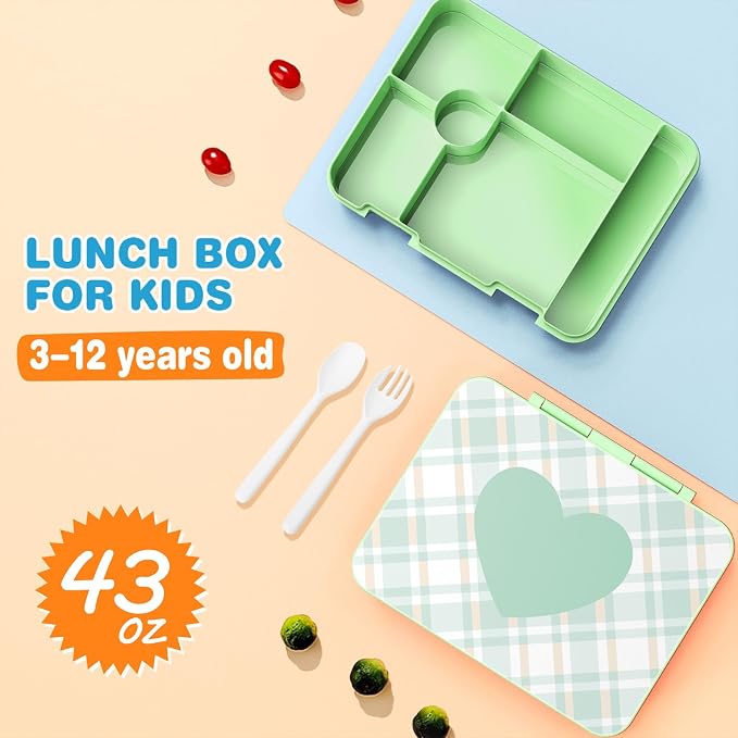 ACESAK Girls Backpack - Bento Box with Insulated Lunch Bag Pencil Case & Utensils Set for Kids, 6 Leakproof Compartments Removable Tray Lunches or Snack Container for School (Green) - Image 3
